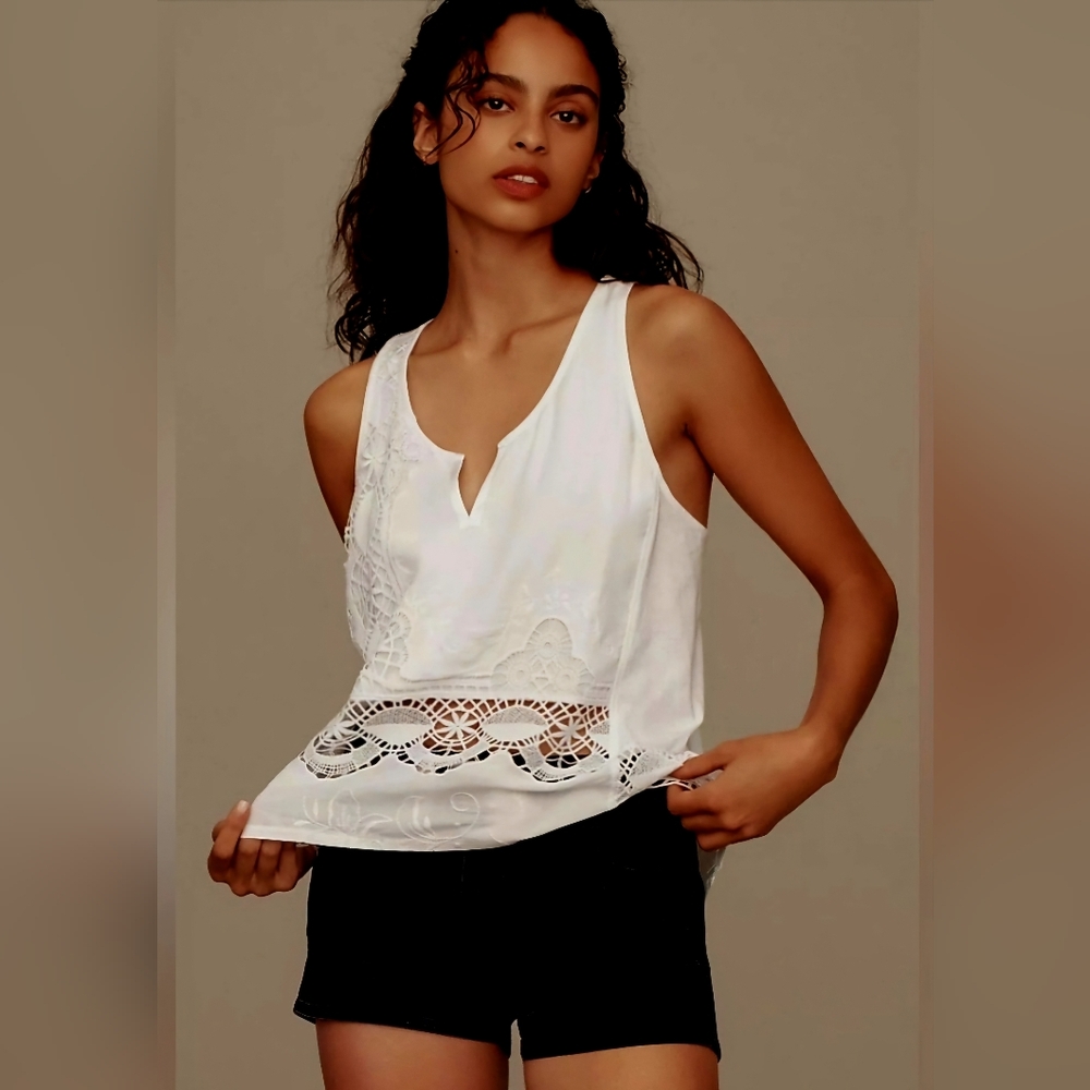 Anthropologie x Tiny, Cyrus Eyelet Mix-Media Sleeveless Top, Bright White, Small